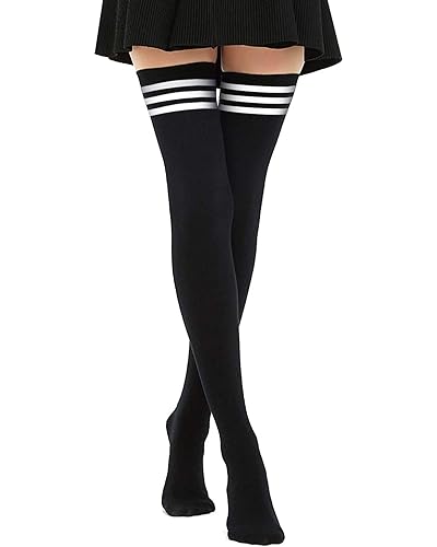 DRESHOW Women Extra Long Thigh High Socks Thin Stripes Tube Tights Over Knee Socks Casual High Boot Stockings - 1 Pc Extra-l Stripes-3wh Black - 1