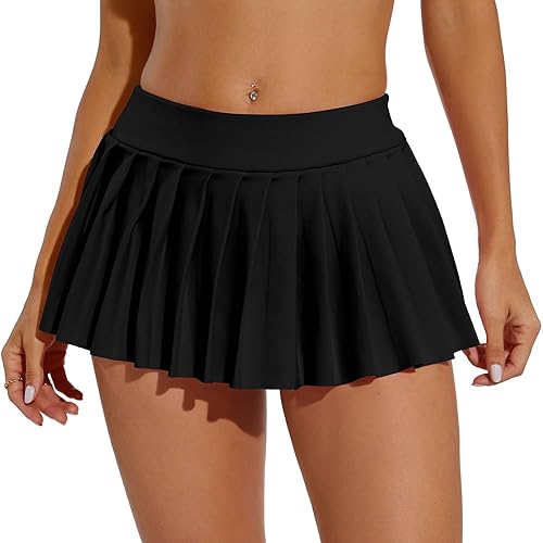 Eisnnu Women's Mini Skirts Solid Colour Elastic Waist Sexy Super Short Pleated Skirt,Skirt Length 25 cm, for Cosplay, Club, Party - S - Black