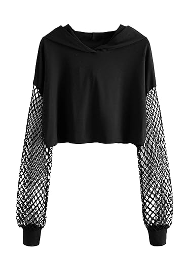 GORGLITTER Women's Fishnet Mesh Hoodie Y2K Crop Tops Long Sleeve Hooded Sweatshirt Pullover Top - M - Black
