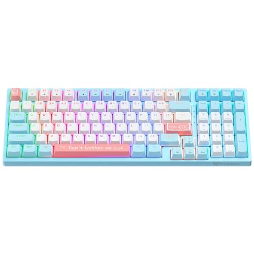 98 Keys Mechanical Gaming Keyboard with Soft Brown Switches, LED Rainbow Backlit, Cute 80% Compact, USB Wired Office Keyboard for PC, Desktop, Laptop, Mac, Multimedia Keys-White&Blue - 98 Keys - Light Blue