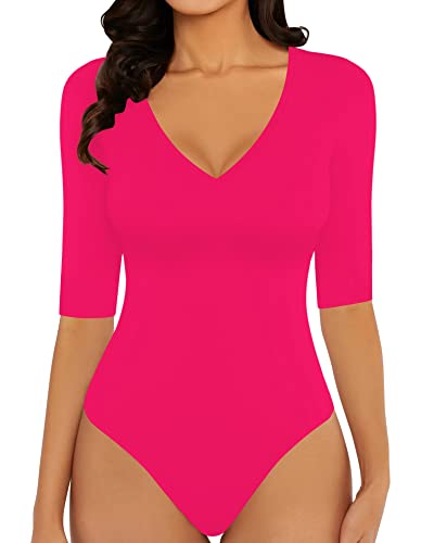 MANGOPOP Womens V Neck Half Sleeve/Sweetheart Neckline Ruched Front Long Sleeve Bodysuit for Going Out - XX-Large - Short Sleeve Rose Pink