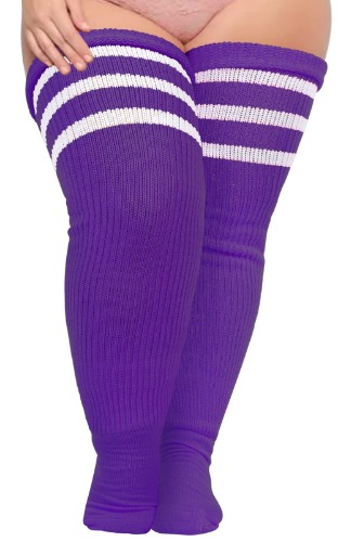 Plus Size Womens Thigh High Socks for Thick Thighs- Extra Long Striped Thick Over the Knee Stockings- Leg Warmer Boot Socks - Purple & White