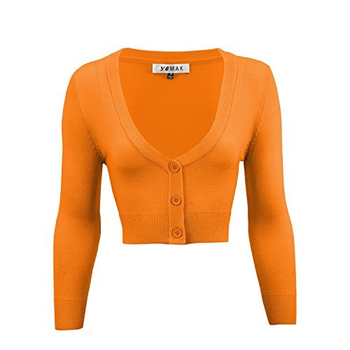 YEMAK Women's Cropped Bolero Cardigan – 3/4 Sleeve V-Neck Basic Classic Casual Button Down Knit Soft Sweater Top (S-4XL) - 3X - Light Orange