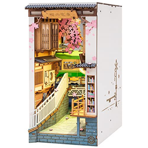 ROBOTIME Book Nook Kits, Sakura Densya Puppenhaus, DIY Miniatur Haus, 3D Wandbehang Puzzle Haus Modellbausätze mit LED Leuchten, Zuhause, Buchstützen Dekor Geschenk zum Muttertag - Sakura Densya