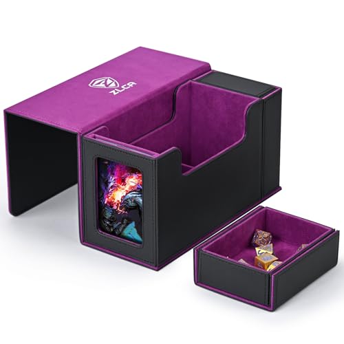 ZLCA Kartenspielbox mit Sichtfenster, MTG Commander Deck Box für 200 doppelseitige Karten mit Würfeltablett & 35pt Magnetkartenhalter-Black&Purple - Black& Purple