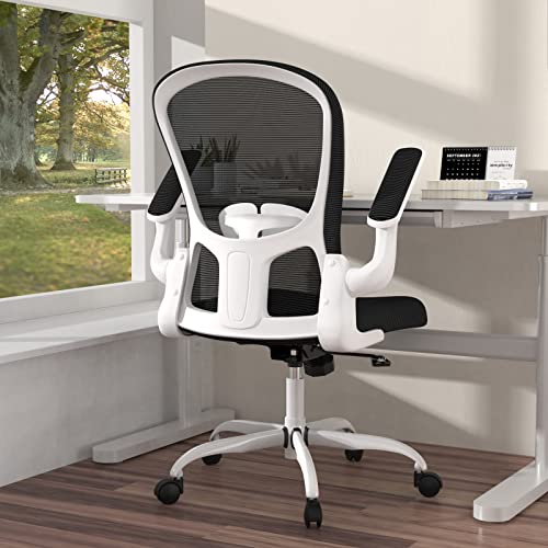 Ergonomic Office Chair, Comfort Swivel Home Office Task Chair, Breathable Mesh Desk Chair, Lumbar Support Computer Chair with Flip-up Arms and Adjustable Height - White