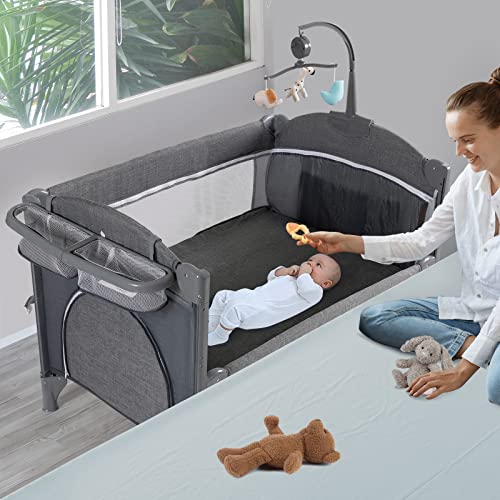 5 in 1 Baby Crib,Baby Bassinet, Bedside Cribs, Pack and Play with Bassinet and Changing Table, Portable Travel Baby Playpen with Bassinet Toys & Music Box,Mattress for Girl Boy Infant Newborn (Grey) - 5 in 1 Foldable Crib-grey