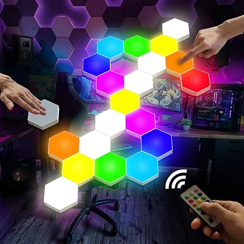 Vcwtty Hexagon Lights, Smart LED Wall Lights with Remote, 13 Colors Touch-Sensitive DIY Modular Assembled RGB Wall Panels, Hex Light with USB-Power for Autism, Game Room Decor, Party (12 Pack) - 12 Pack Complete Kit