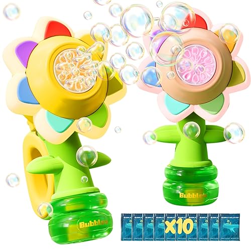 2 Pack Rechargeable Flower Bubble Guns for Kids W/LED Lights & 10 Refill Solutions, Fun Swing Dance Bubble Maker Machine Blower Blaster Toys,Outdoor Summer Play, Easter, Birthday Party Favors & Gifts