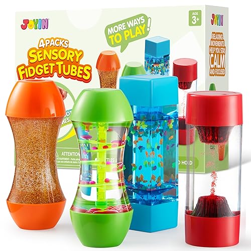 JOYIN 4-Pack Fidget Tubes for Kids, Sensory Tubes, Stress Relief Toy, Speech Therapy Materials, Calming Toys for Children with autism, Calm Down Corner Supplies, Christmas Gifts for Toddlers
