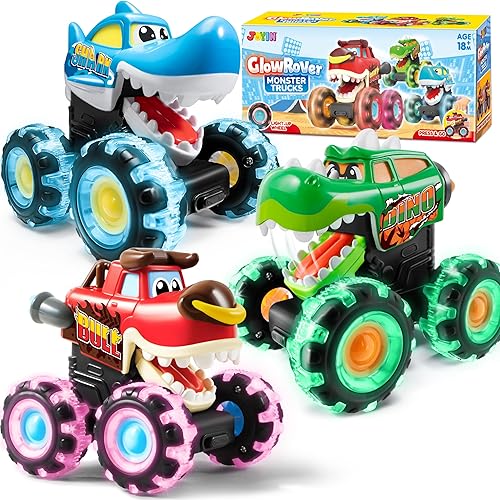 JOYIN 3 Pack Monster Truck Toy - Motion Activated Light-Up Cars for Toddlers - Monster Treads Lightning Wheels - Baby Toy Present - Press & Go Cars for Boys Girls