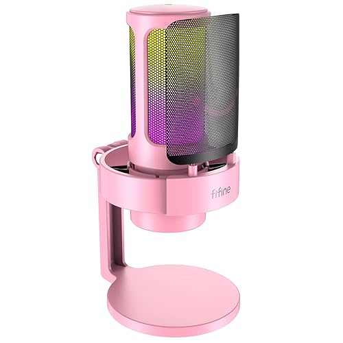 FIFINE USB Streaming Gaming Microphone, PC Condenser Desktop Mic for Video, Home use, YouTube, with RGB Control, Gain Knob, 3.5mm Headphone Jack, Shock Mount, on Computer/PS5-AmpliGame A8 Pink - Pink