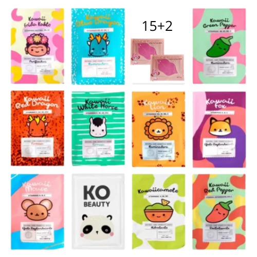Paquete de 15 mascarillas coreanas faciales gran variedad rejuvenecedoras con múltiples beneficios para tu piel + REGALO 1 mascarilla de labios