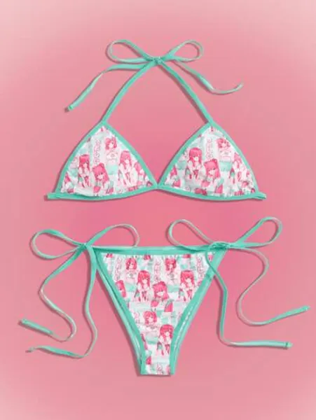 ROMWE Anime Bañador bikini con estampado de figura de dibujos animados ringer halter con cordón lateral