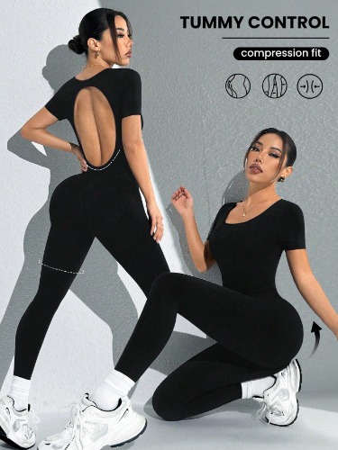 SHEIN Sport Studio Mono sin espalda negro de cuello redondo sin costuras para mujer