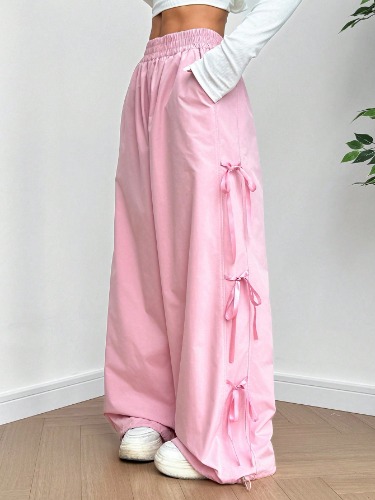 SHEIN EZwear Pantalones de utilidad para mujer con cintura elástica, cinturón con lazo, bolsillos y lazada