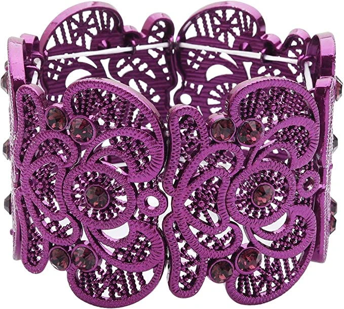 D EXCEED Womens Bohemian Lace Bracelet Vintage Filigree Cuff Bangle Bracelet Wide Stretch Rhinestone Bracelets for Ladies - Purple