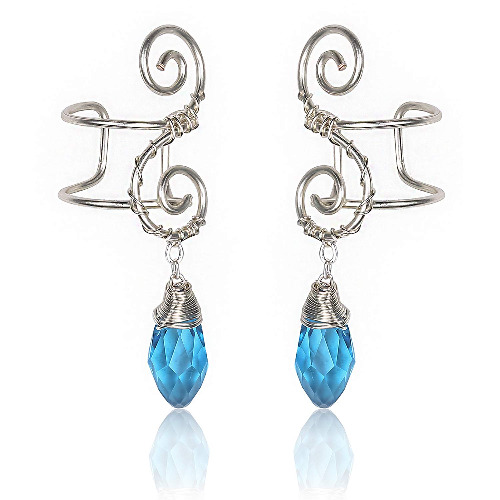 Elf Ear Cuffs, OwMell Handcraft Silver Earring for Filigree Fairy, Wings Ear Cuff for Elven Cosplay Fantasy Costume with Pendant - Blue Drop