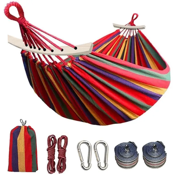 Colel Double Hammock, 2 Person Cotton Canvas Hammock 450lbs Portable Camping Hammock with Carrying Bag Two Anti Roll Balance Beam Metal Carabiner Ropes and Tree Straps for Travel Patio Garden (Red) - Red