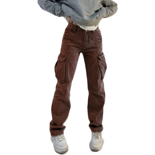 High Waist Baggy Cargo Jeans for Women Flap Pocket Relaxed Fit Straight Wide Leg Y2K Fashion Jeans - Ae# Brown Medium