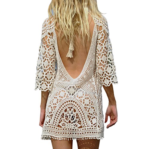 Jeasona Women’s Bathing Suit Cover Up Crochet Lace Bikini Swimsuit Dress - Medium - White