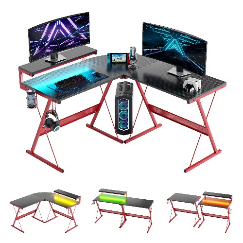 Bestier Gaming Desk 51 Inch LED L Shaped Computer Corner Desk with 32" Large Monitor Shelf Gamer Desk Workstation Reversible 63" Long Desk for 2 Persons Cup Holder Headset Hook, Red
