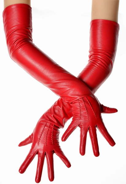 Long Lipstick Red Leather Opera Gloves Vintage Pattern Button Wrist