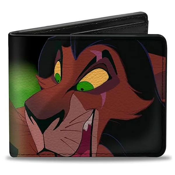 Buckle-Down Men's Disney Wallet, Bifold, Face Close Up Hyenas Pose Black Greens, Vegan Leather, The Lion King Scar, 4.0" x 3.5"