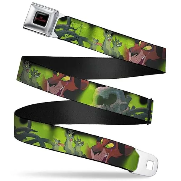 Disney Belt, Seatbelt Buckle Belt, Scar Hyena Poses Elephant Graveyard Close Up Green Yellow, Adjustable - 1.5" Wide - Fits Pant Size 24-38