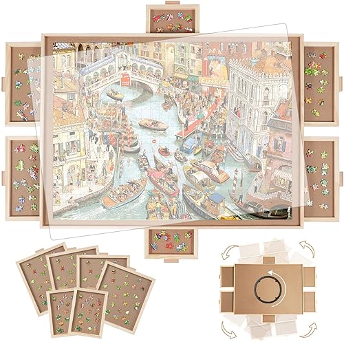 BuilderButler 2000 Pieces Rotating Puzzle Board with 6 Drawers,29.7"x41.3" Portable Wooden Jigsaw Puzzle Table with Lazy Susan Spinning Cover for Adults - Large(2000)