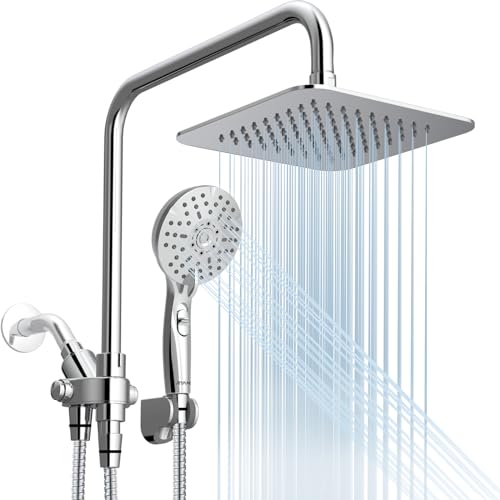 Ryamen Dual Shower Head Combo, 8'' High Pressure Rain/Rainfall Shower Head,5 Settings Adjustable Handheld Showers,with 15" Height Adjustable Slide Bar,Holder/Hose, Angle Adjustable, Chrome - Bright Silver