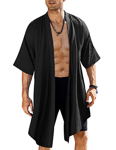 COOFANDY Men's Ruffle Shawl Collar Cotton Cardigan Long Kimono Jackets Open Front Drape Cape Coat - Typeb-black - Large
