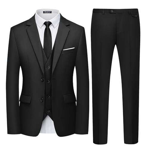 WULFUL Men's 3 Piece Slim Fit Suit Set Two Button Blazer Jacket Vest Pants Tuxedo Set for Party, Wedding and Business - Small - Black