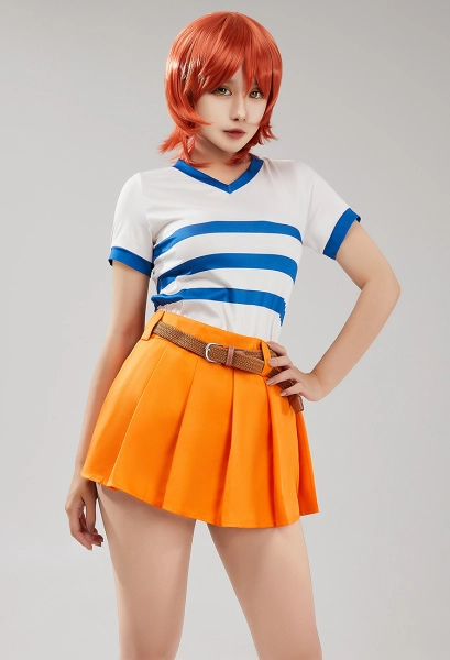 OP Nami Cosplay Costume White Blue Stripe Top Yellow Skirt Set with Belt