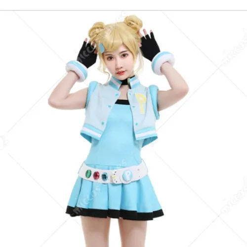 Power Puff Girls Z Rolling Bubbles Miyako Gotokuji Cosplay Costume Sleeveless Vest Coat Short Pleated Dress Transformation Outfit with Gloves Choker Headdress Belt Accessories