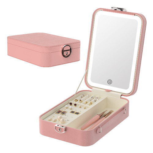 Lighted Makeup Vanity Mirror with Jewelry Storage Case, Touch Sensor,Adjustable Brightness, Rechargeable LED Desktop Makeup Mirror, Portable Travel Cosmetic Mirror with Jewelry Organizer Box (Pink) - Pink