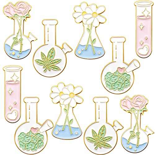10 Pieces Pin Brooches Cute Floral Kawaii Pins Flask Test Tube Backpack Pins Aesthetic Spring Flower Plant Pins Set for Jackets Lapel Scientist Pins for Backpacks Clothes Caps Bags