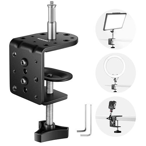Neewer Heavy Duty C Desk Clamp with Mounting Column for Light Stand, Adjustable Metal Table Clamp with 1/4" 3/8" Threads for Ring Light LED Video Light Camera, Max Load 44lb/20kg, ST-CCD1 - 1