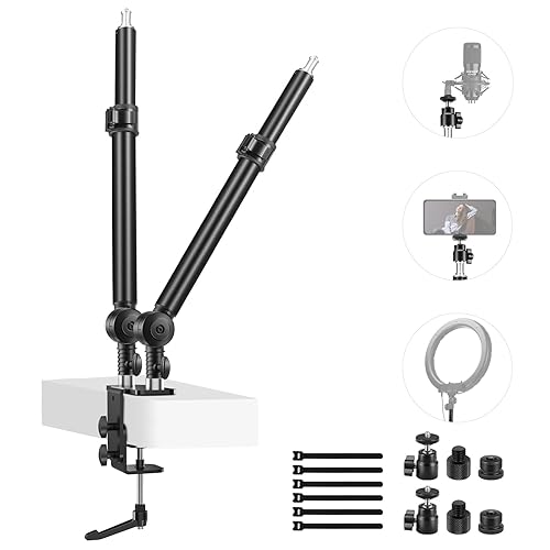 NEEWER Upgraded C Clamp Desk Mount for Dual Mount Stand, 225° Tilt & 360° Swivel Telescopic 17.7"-24.8" Desktop Webcam Stand for DSLRs Overhead Photography Ring Light - Upgraded Camera Desk Mount