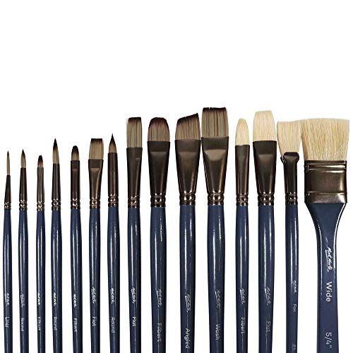 Mont Marte Premium Brush Wallet Set, 15 Piece, Includes Hog Bristle and Taklon Brushes, Suitable for Watercolor, Acrylic, Oil, Gouache and Tempera Painting - 15 Piece Premium Brushes