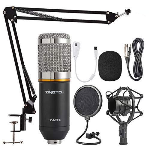 ZINGYOU Condenser Microphone Bundle, BM-800 Mic Kit with Adjustable Mic Suspension Scissor Arm, Shock Mount and Double-Layer Pop Filter for Studio Recording & Brocasting (BM-800 Microphone Bundle) - Silver Black
