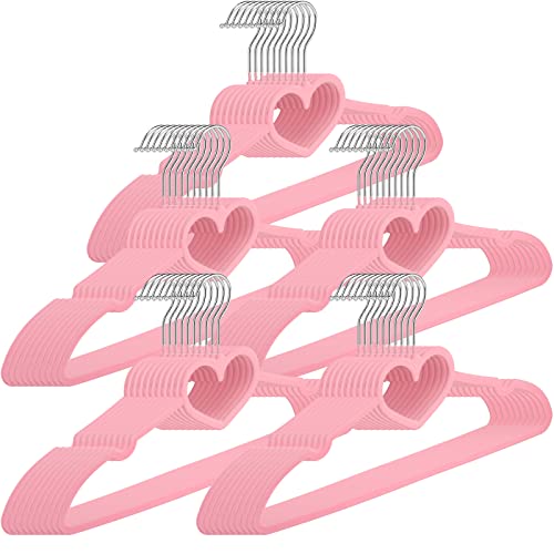 50 Pieces Heart Hangers Cute Hangers with 360 Degree Swivel Hook Heavy Duty Clothes Hanger Adult Coat Hangers for Jackets, Pants, Shirts, Suit, Dress Room Closet Decor (Pink, Velvet) - Pink - Velvet
