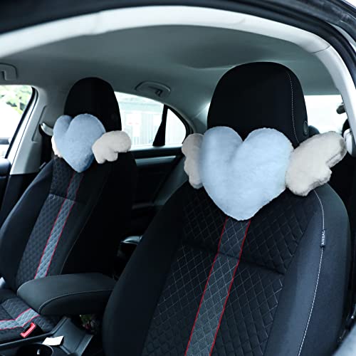 Macarrie 2 Pcs Plush Heart Shaped Pillow with Angel Wings Car Headrest Pillow Soft Comfortable Car Seat Pillow for Driving Travelling Room Office Car Decor, 19.7 x 8.3 Inch (Light Blue) - Light Blue