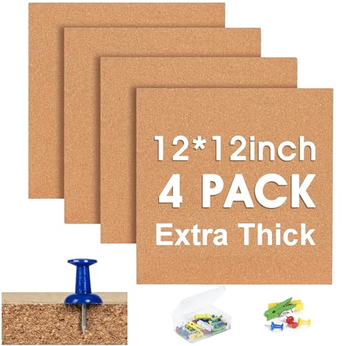 Cork Bulletin Square Board for Walls - SVOPY 4 Pack Extra Thick 12x12 Inches Cork Board Tiles for Home Office Decor,School Message Board Decorative Display Boards - Brown - 4 pack