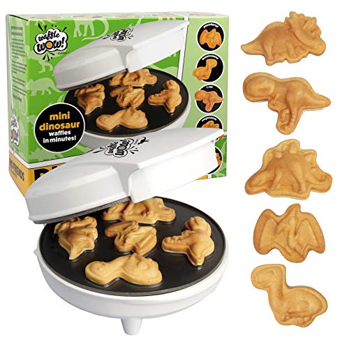 Dinosaur Mini Waffle Maker - 5 Different 3D Shaped Dinos in Minutes- Fun Breakfast for Kids, Adults w Cool Novelty Pancakes, Electric Non-Stick Waffler Iron w Recipe Guide, Fathers Day Fun Gift