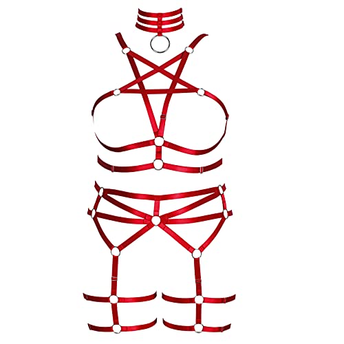 BANSSGOTH Pentagram Plus Size Women's Body Harness Punk Full Cage Bra Set Hollow Out Adjustable Gothic Dance Festival Rave - 20 Plus - Wine Red