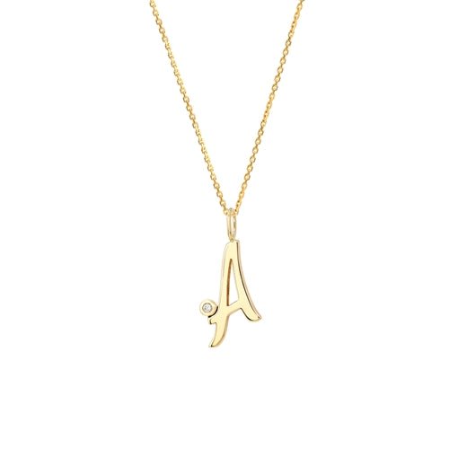 14K Gold Initial Necklace with Diamond - 14K Yellow Gold