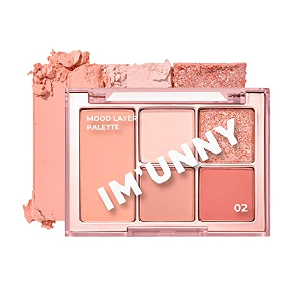 IM UNNY Mood Player Palette, 5 High Pigmented colors, Longlasting, Daily to Party Look, Blendable Matte, Pearls, Shimmer and Glitter, Korean Eyeshadow Palette (02. Spring Mood)