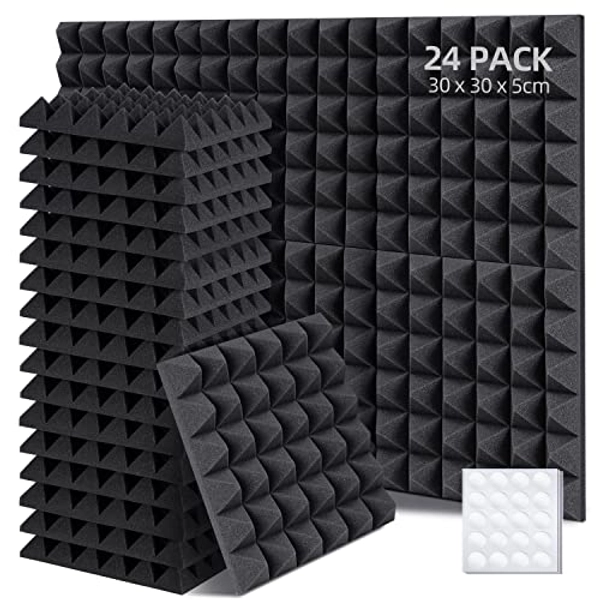 Ohuhu Akustikschaumstoff Akustikpaneele 24 Stück mit Aufkleber, Schalldämmung Wand Schallabsorber Akustikschaumstoff-Matten für Tonstudio, Podcasts, Youtube-Zimmer, 30 x 30 x 5 cm Anthrazit