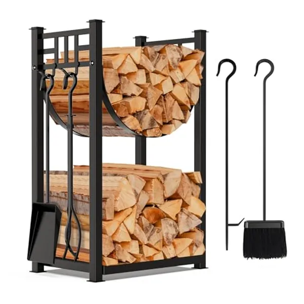 AMAGABELI GARDEN & HOME 31.6in Large Firewood Rack Fireplace Tools Set Wood Holder Indoor log Rack With Tools Tall for Wood Stove Firepit Campfire Storage Stacking Wrought Iron Accessories Outdoor